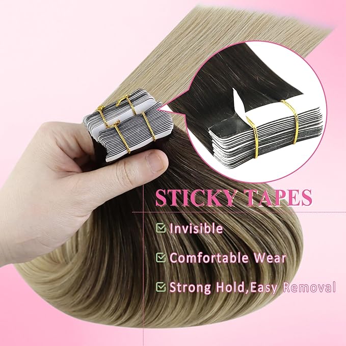 YoungSee Human Hair Tape in Extensions Ombre 14In Invisible Tape ins Hair Extensions Human Hair Balayage Dark Brown Ombre Blonde Tape-on Natural Hair Extension Silky Straight 50g 20pcs