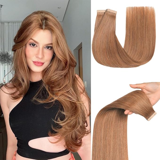 Tape in Hair Extensions Human Hair, Light Brown Real Human Hair Extensions 20pcs Remy Straight Tape ins Invisible (30#, 20 Inch)