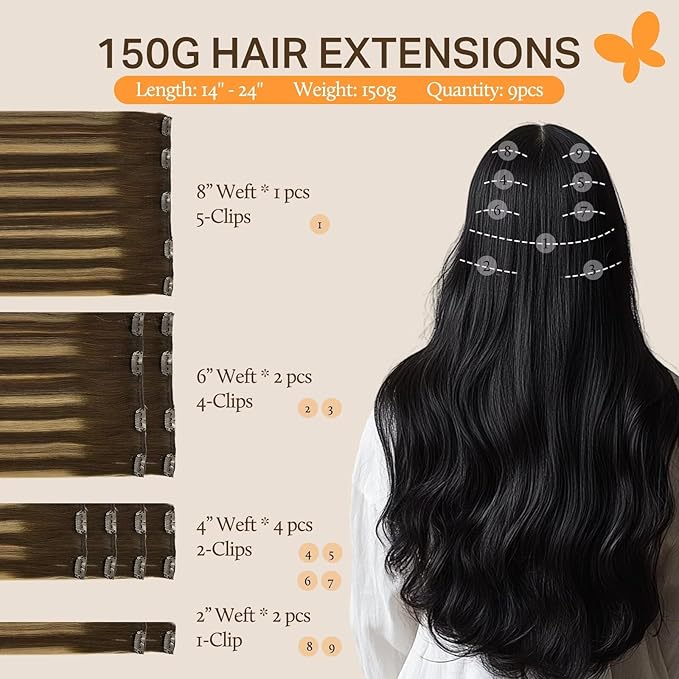 DOORES Human Hair Clip in Extensions, Balayage Chocolate Brown to Caramel Blonde 150g 9pcs 24 Inch, Real Hair Extensions Clip in Human Hair Extensions Human Hair Natural Thick Silky Straight Hair