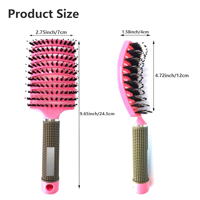2 Pack Boar Bristle Hair Brush - No Pull Curved Vented Detangler for Fast Blow Drying - For Kids, Men, Women With Wet Dry Long, Thin, Thick, Curly Tangled Hair (Pink+Blue)