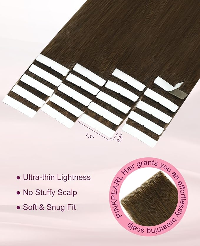 Pinkpearl Invisible Tape in Hair Extensions Human Hair, 20pcs 16inch 45g #4 Chocolate Brown Injection Tape in Extensions Real Remy Straight Seamless Silky Human Hair Injected