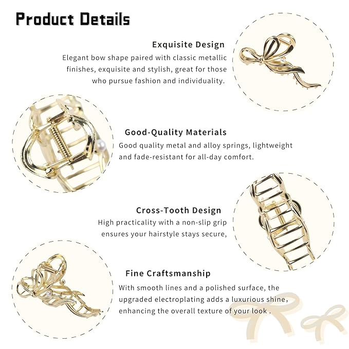Metal Bow Hair Clips Bow Hair Claw Clips with Pearl Large Bowknot Claw Clip Strong Hold Nonslip Hair Jaw Clip for Thin Thick Hair Stylish Hair Accessories for Women Gold