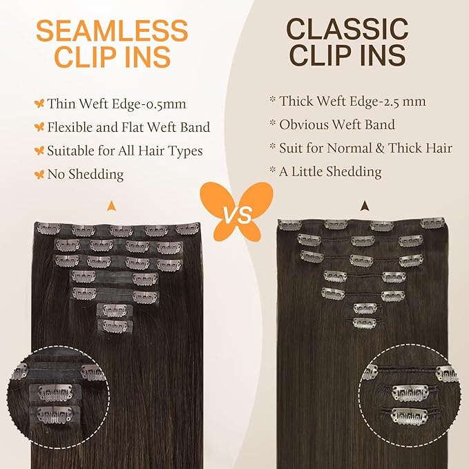 DOORES Clip in Hair Extensions, Light Dark Brown 130g 7pcs 18 Inch, Seamless Weft Invisible Edge Clip in Hair Extensions Long Straight Weft