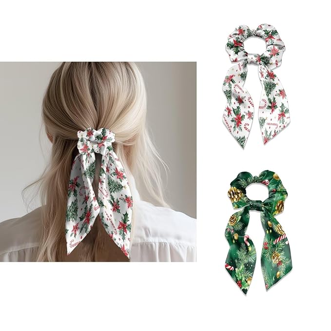 2 Piece Christmas Elastic Ribbon Bow Hair Ties Candy Cane Holly Knotted Bow for Ponytail Fashion Bow Hair Scrunchies with Flowing Tails No Damage