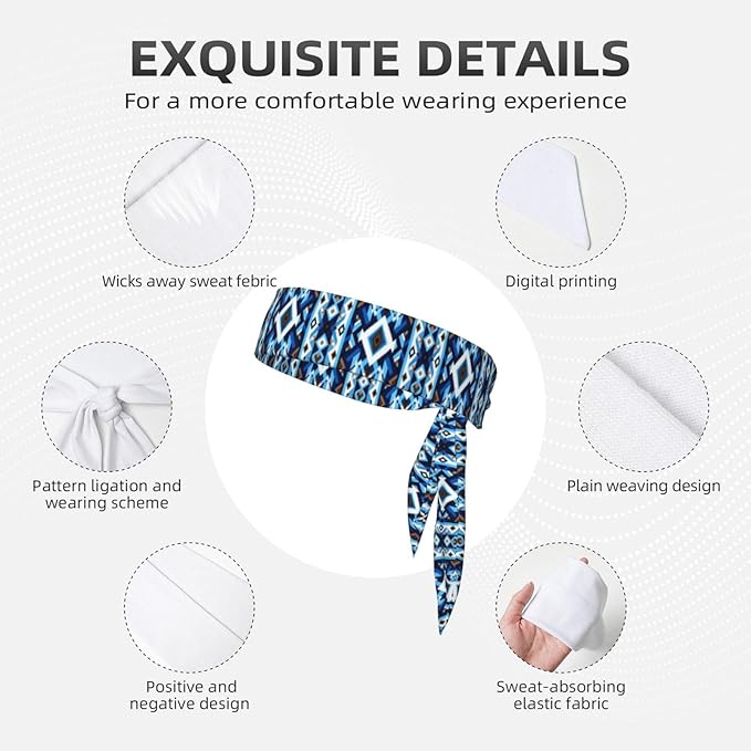 Men's Women Fashion Sports Sweatband Hand Decor for Running Fitness Spa, Long Multifunction Blue Geometric Tribal Navajo Aztec Ethnic Head Ribbon Headwear