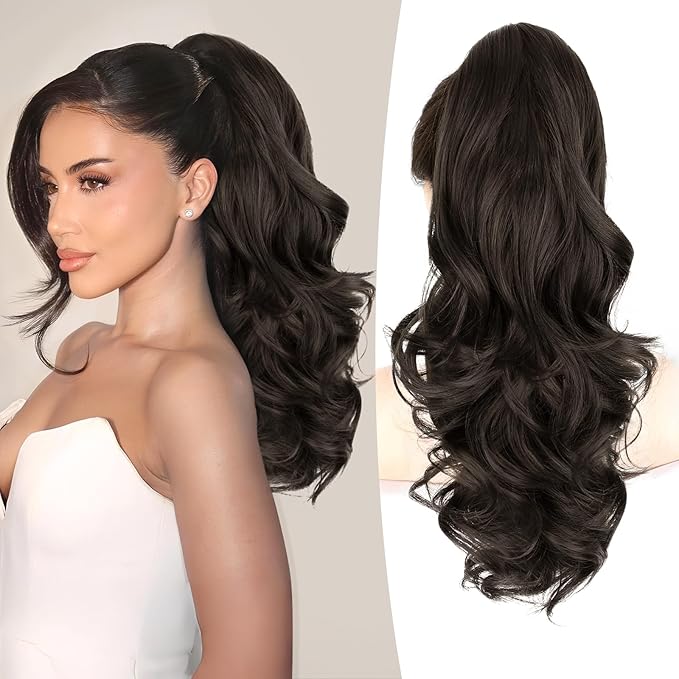 ALXNAN Ponytail Extension,18 Inch Claw Clip in Long Curly Wavy Black Brown Ponytail Hair Extension Jaw Clip on Pony Tails Hairpiece for Women