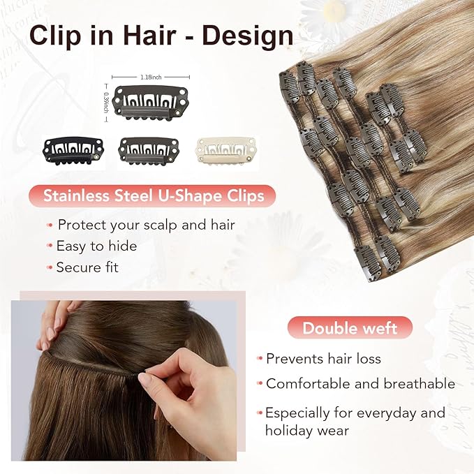 XDhair Human Hair Clip in Extensions 120g Balayage Color 10 Golden Brown to Light Blonde Highlight 27 Blonde Double Weft Clip in Hair Extensions #10/27/27 22 Inch