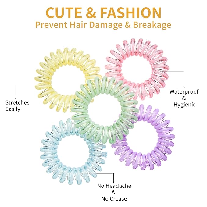 16Pcs Spiral Hair Ties, (Clear Colourful) Hair Elastic Coils for Women and Girls, Waterproof Phone Cord Hair Scrunchies Accessories Bands for Ponytails and Updos