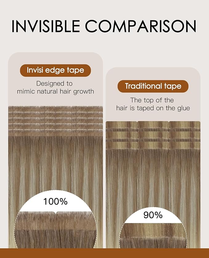 VINBAO Invisi Edge Tape in Hair Extensions 50g Balayage Ombre Brown to Platinum Blonde Injection Tape in Hair Extensions Real Human Hair 20pcs Natural Blend 18inch #8T60
