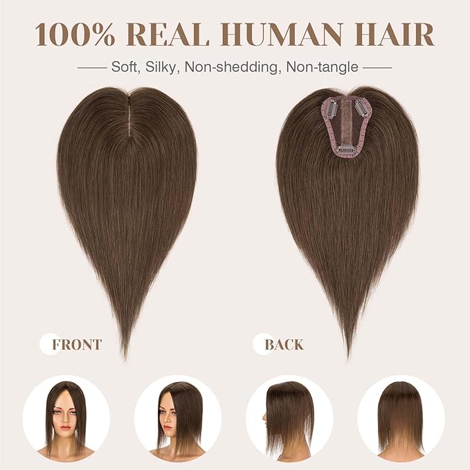 S-noilite Hair Toppers for Women Real Human Hair 3D 360° Cover Clip in 100% Real Human Hair Toppers 3″*4″ Clip in Silk Base 10 inch Natural Brown