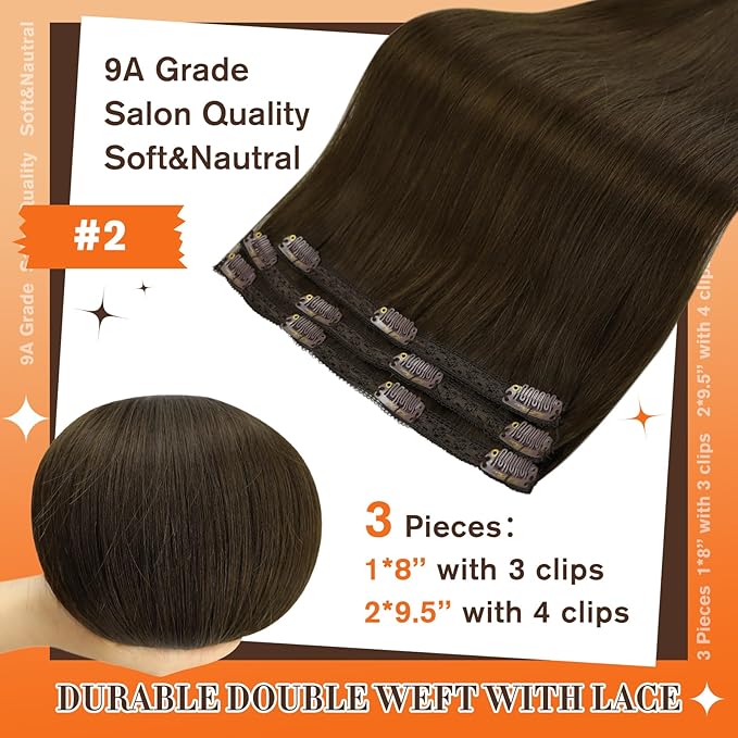 Full Shine Real Hair Extensions Clip in Human Hair 10 Inch Dark Brown Clip in Hair Extensions Remy Natural Hair Clip ins for Thin Hair Add Volume 60 Grams 3 PCS