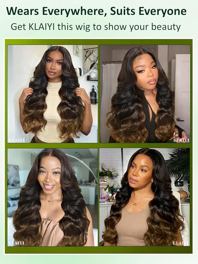 KLAIYI Ombre Brown Loose Body Wave 13x4Pre Everything Lace Frontal Chestnut Brown Drawstring Wig with Face Framing Layers Precut Lace Pre Plucked Bleached Bye Bye Knots Ready to Wear and Go Wig 20Inch