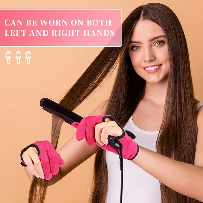 Geyoga 2 Pcs Heat Resistant Gloves for Hair Styling 3 Finger Barber Gloves Reusable Curling Wand Heat Protector for Hair Dye(Rose Red)