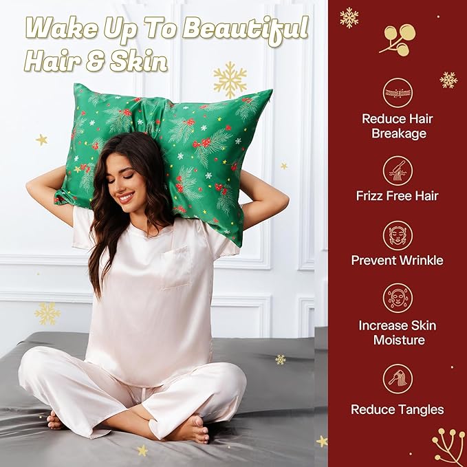THXSILK Christmas Style 6A+ Grade Mulberry Silk Pillowcase for Hair and Skin, 22 Momme 100% Pure Silk Pillow Case with Hidden Zipper, Christmas Holly Printed Pillow Cover(Queen Size 20"x30",Green)