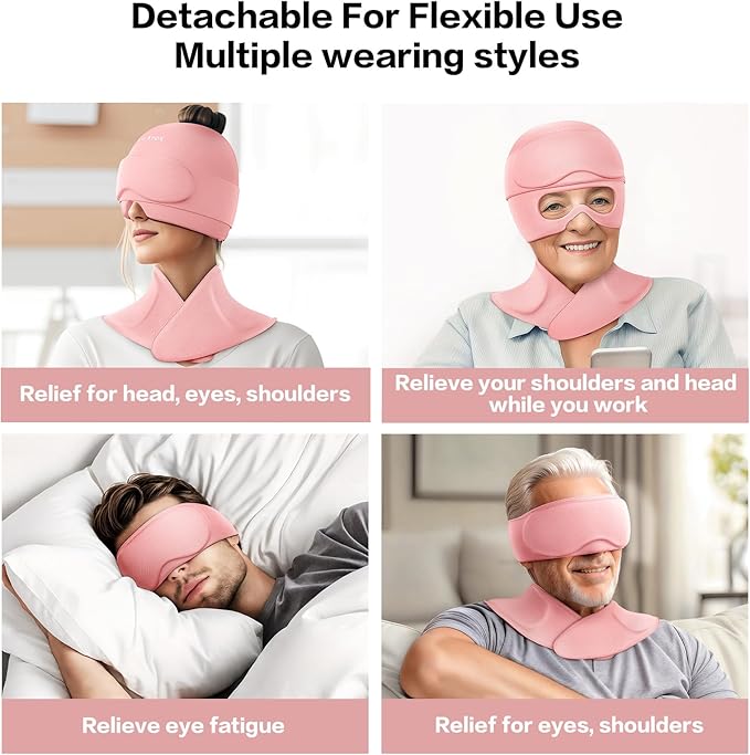 Migraine Relief Cap and Neck Ice Pack Wrap with Ice Eye Masks,3 in 1 Detachable Hot and Cold Therapy Headache Relief Cap for Headaches, Stiff Neck,Eye Fatigue, Tension and Pain Pink