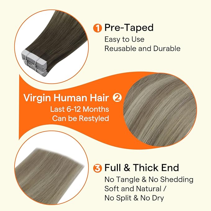 Full Shine Insert Tape in Hair Extensions Human Hair Color 4/7/80 Brown And Blonde Virgin Tape in Extensions Real Human Hair 24 Inch Remy Skin Weft 10Pcs 25 Grams No Knots for Wedding