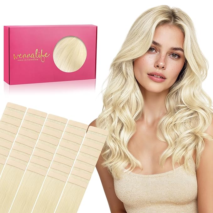 WENNALIFE Tape in Hair Extensions Human Hair, 40pcs 60g 10 inch Platinum Blonde Hair Extensions Real Human Hair Straight Tape in Extensions Invisible Human Hair Extensions Reusable Real Hair Extension