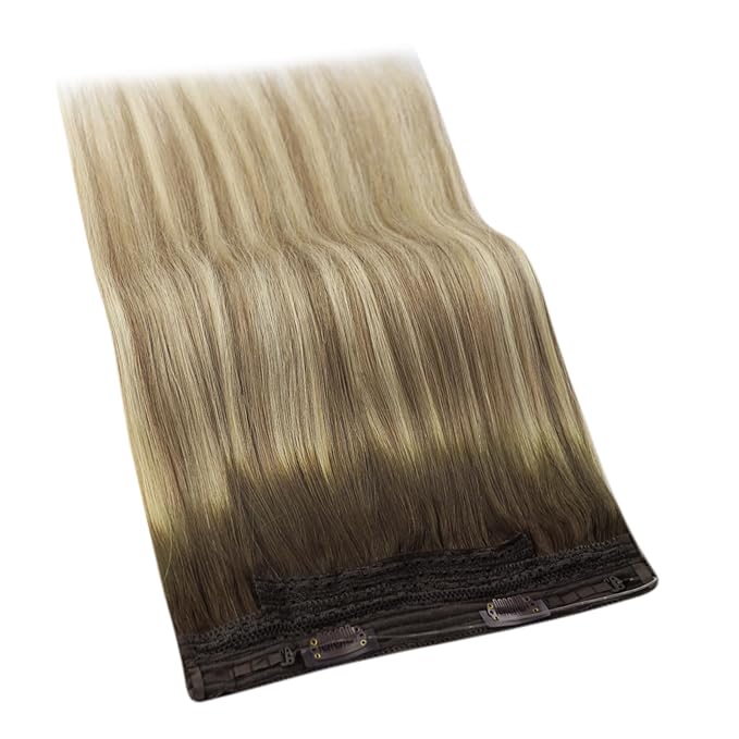 YoungSee Wire Hair Extensions for Women Balayage Invisible Wire Hair Extensions Real Human Hair Walnut Brown Ombre Light Brown with Blonde Short Straight Headband Hair Extension Remy Hair 12inch 70g
