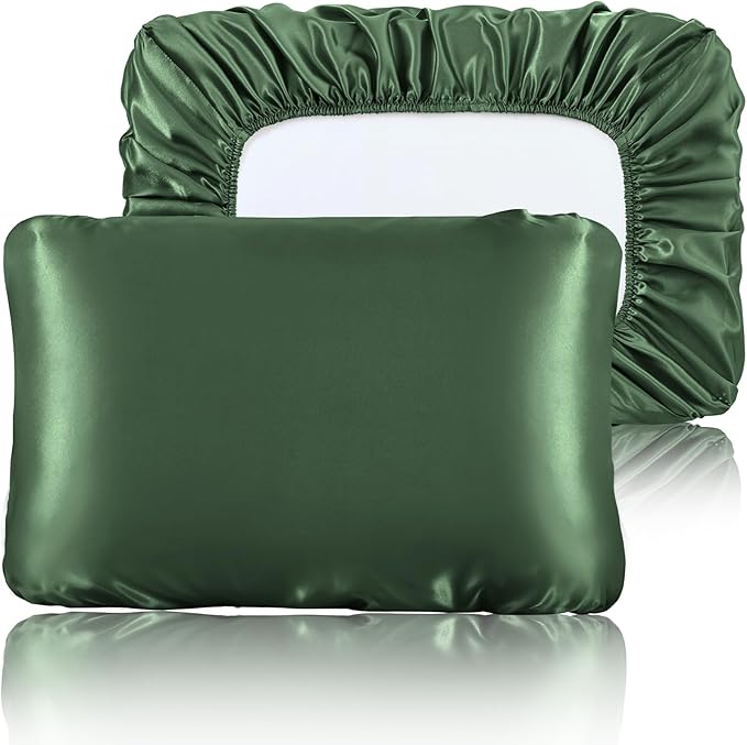 SiinvdaBZX Woodland Green Satin Pillowcase Standard/Queen Size Set of 2, Silky Travel Elastic Band Satin Pillow Case for Hair and Skin, Soft Portable & Fit for Various Pillow