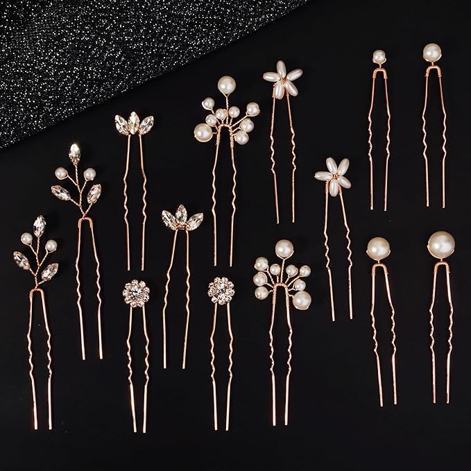 14 Pieces Bride Hair Pins Rhinestones Gold Hair Accessories for Women Crystal Wedding Hairpiece for Bridesmaids