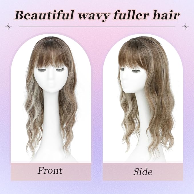 Hair Topper, 360° 3D Hair Toppers for Women with Thinning Crown, 20 Inch Long Wavy Curly Hair Pieces Clip in Bangs (Highlights Light Brown Mix Blonde with Brown Root, 20 inch, French Bangs)