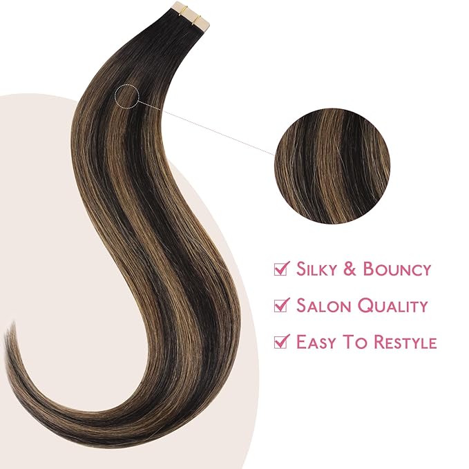 WENNALIFE Tape in Hair Extensions Human Hair Balayage Natural Black to Chestnut Brown Tape in Extensions, 10pcs 25g 16 inch Remy Invisible Tape Ins Straight Soft Real Human Hair Tape in Extensions