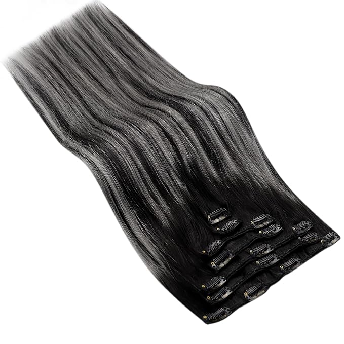 Ve Sunny Clip in Hair Extensions Real Human Hair Black Ombre Clip in Human Hair Extensions for Women Human Clip in Hair Extensions Natural Black Grey Silver Easy-to-wear 7pcs 120g 20inch