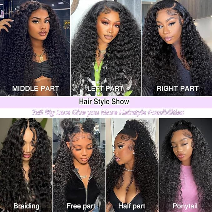 7x6 Burmese Curly Glueless Wigs Human Hair Pre Plucked Pre Cut 250% Density Drawstring Wig Human Hair 7x6 HD Lace Front Wigs Human Hair for Black Women Wear and Go Glueless Wig Natural Color 34inch