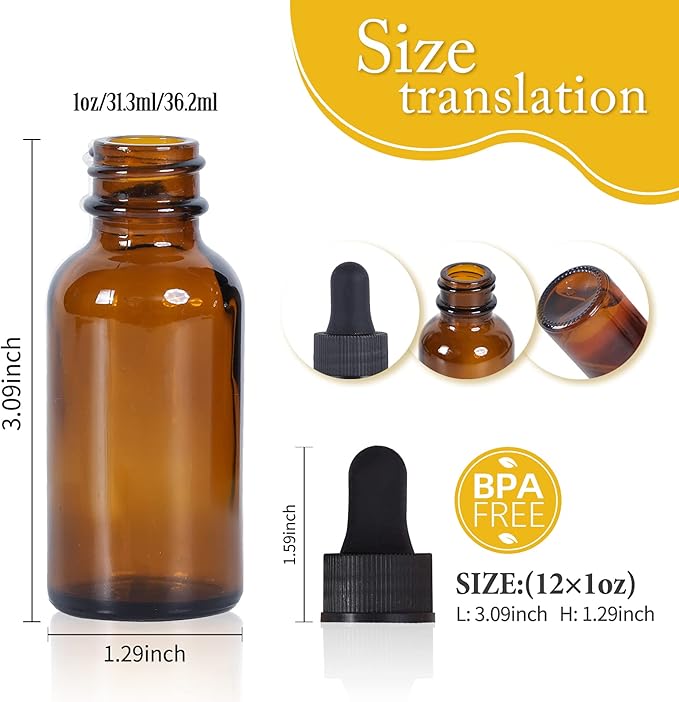 1 oz Dropper Bottle 12 Pack Amber Glass Boston Bottles 30ml with Eye Droppers Black Caps for Essential Oils, Perfume, Leak Proof Travel Bottles for Liquids