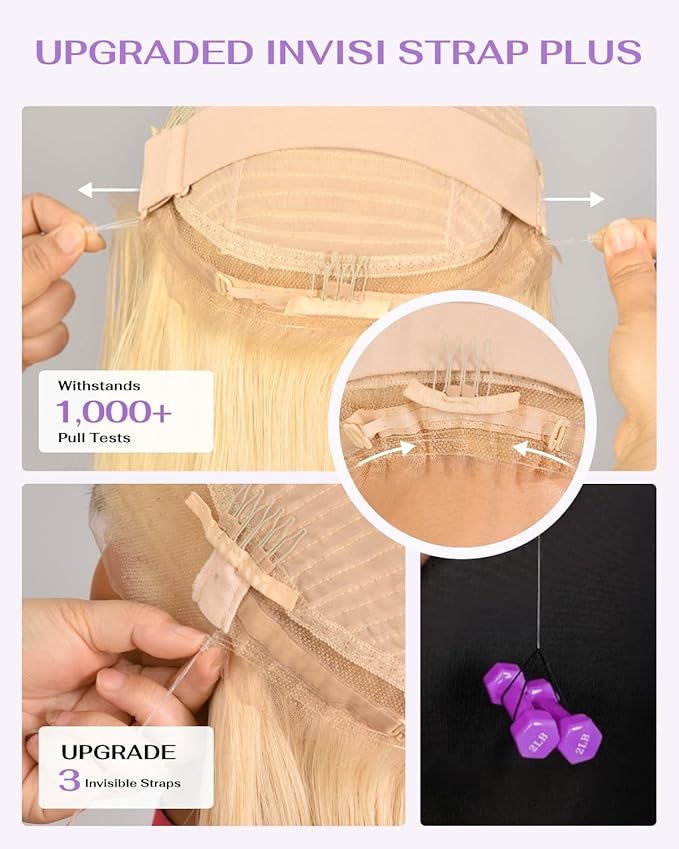Hidden Strap Straight 360 613 Lace Front Wigs Human Hair Invisible Strap Pre Plucked 180% Density SALON-Quality Blonde Wig with Drawstring Glueless Wigs HD Full Lace Human Hair Wigs 30inch