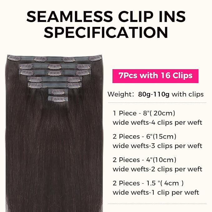 Lashey Clip in Hair Extensions Real Human Hair 7pcs 110g Straight Seamless, 14 Inch #2 Dark Brown Natural Thick Clip in Hair Extensions