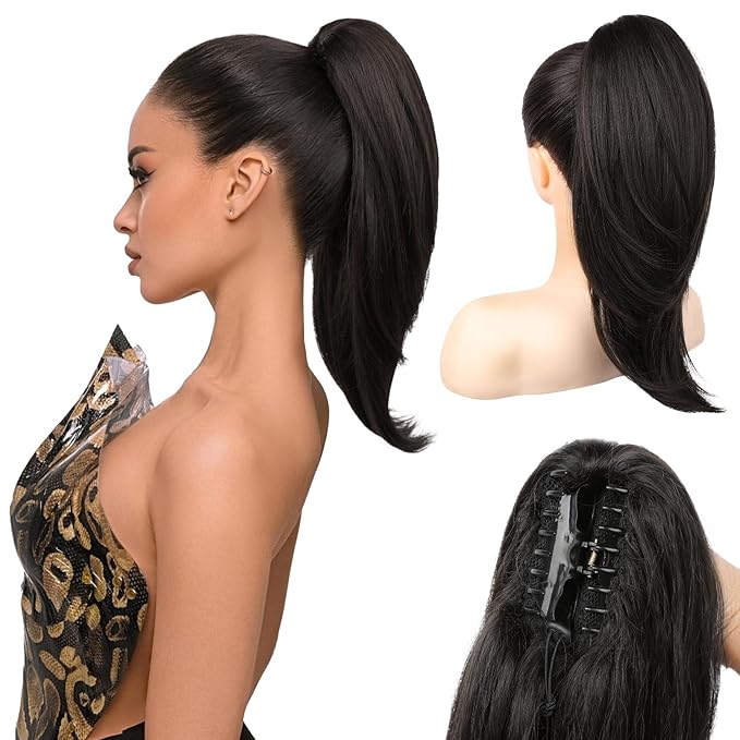 Ponytail Extension – 16” Claw Clip in Ponytail Hair Extensions Natural Soft Synthetic High Pony Tail Hairpieces for Women (Black Brown, 16 inch)