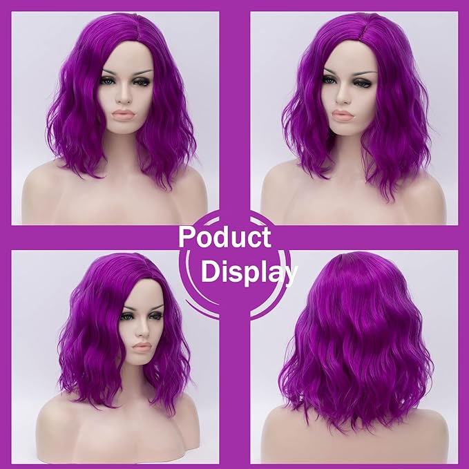 BUFASHION 14" Women Short Dark Purple Kinky Straight Cosplay Synthetic Wigs With Air Bangs 46 Colors Available (Dark Purple 2)