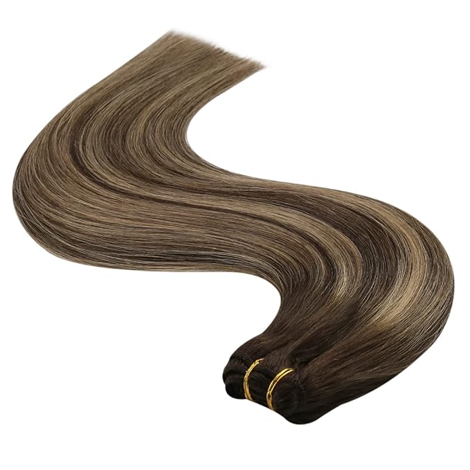 YoungSee 125G Hair Extensions Weft Dark Brown Mix Caramel Blonde Balayage Weft Hair Extensions Human Hair Brown Ombre Sew in Hair Extensions Long Straight Hair 22Inch