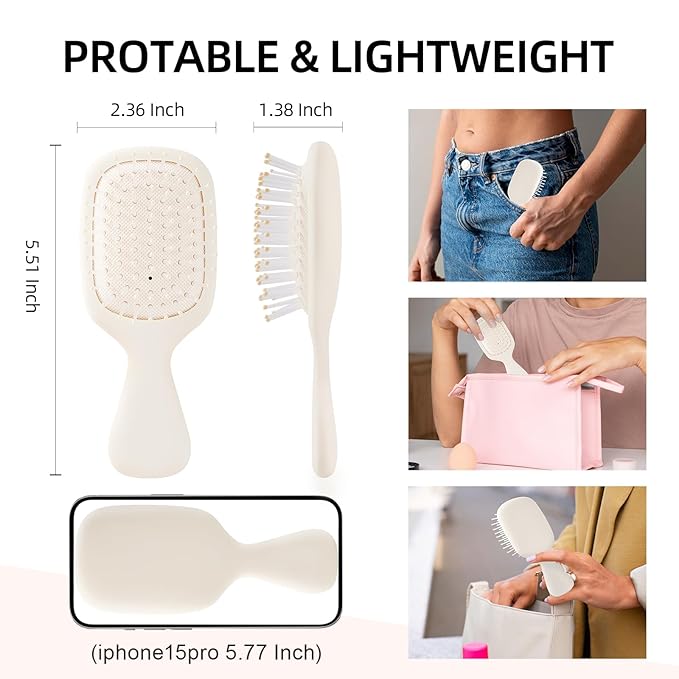 Mini Hair Bursh for Women Men and Kids, Protable Travel Size Hair Brush for Pockets Purses, Mini Detangler Brush for All Hair Types, Small Paddle Brush for Detangling (1 Pack-White)