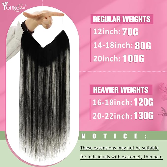 YoungSee 130G Wire Human Hair Extensions Black Ombre Wire Hair Extensions for Women Balayage Human Hair Fish Line Extension Off Black Mix Silver Remy Hair 22Inch
