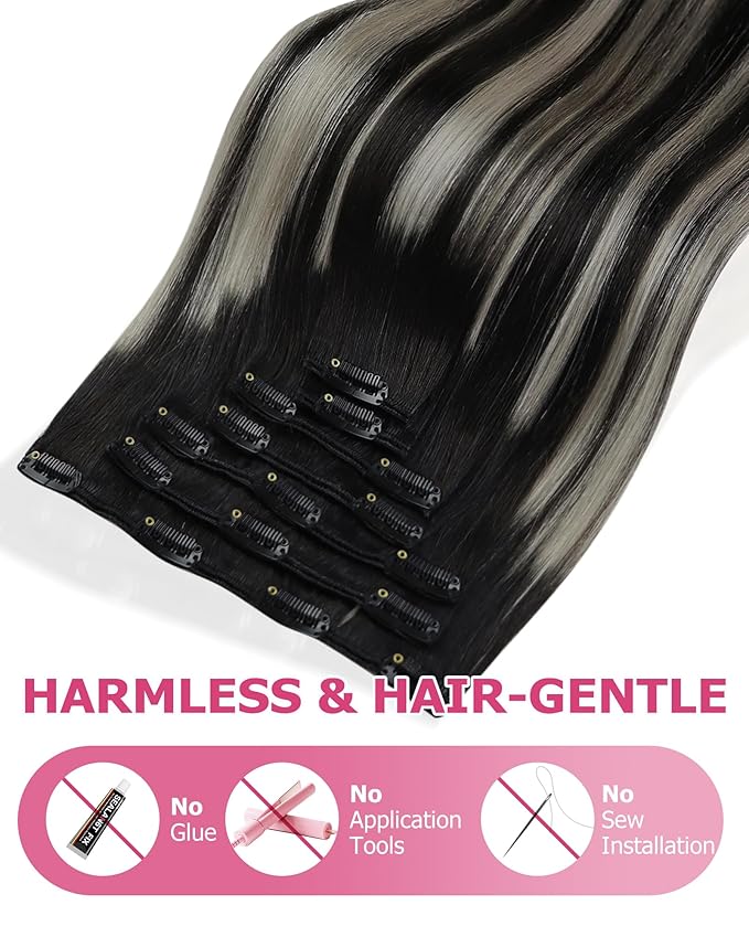 YoungSee Clip in Human Hair Extensions Black Silver Human Hair Clip in Extensions Natural Black Roots to Silver Hair Extensions Clip ins for Short Hair 12Inch 85G 7Pcs