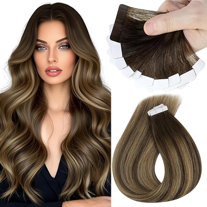 Sunny Hair Tape in Hair Extensions Real Human Hair Invisible Remy Hair Extensions Tape ins for Women Dark Brown Ombre Caramel Blonde Balayage 12 inch 20G