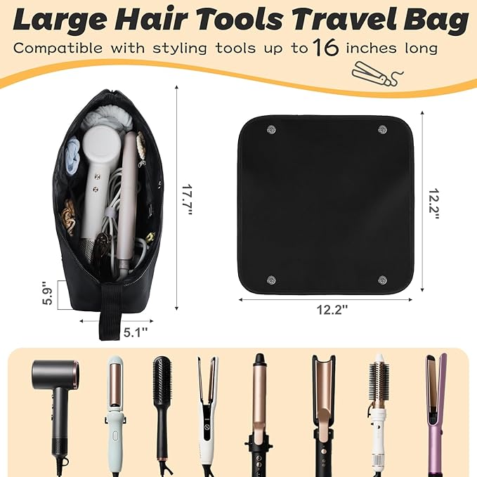 Hot Hair Tools Travel Bag with Removable Heat Resistant Mat 2 in 1 Portable Hair Tool Organizer Bags for Hair Straighteners Curling Irons Hot Air Brushes Hair Dryer Women Travel Essentials (Black)