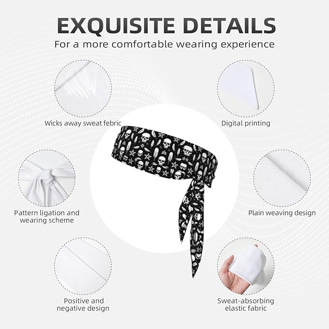 Men Women Fashion Sports Sweat Band Hair Accessories for Sports Workout Shower, Long Multifunction Goth Raven Crow Skull Moon Star Gothic Witch Magic Spirit Board Head Ribbon Headwear
