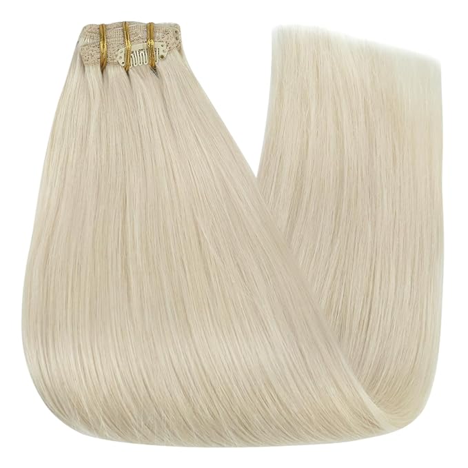 YoungSee 135G Clip in Hair Extensions Real Human Hair for Women Clip in Blonde Hair Extension Thick End Clip on Real Human Hair Extension Platinum Blonde 7Pcs 16Inch