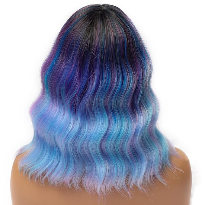 LANICE Short Bob Wigs with Bangs for Women Loose Wavy Hair Shoulder Length Colorful Mixed Wigs Synthetic Colorful Wigs for Cosplay Daily PartyUse(Colorful Mixed,12inch)