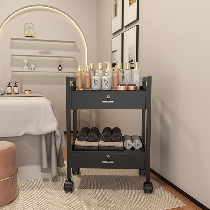 Salon Beauty Cabinet Cart Trolley 2-Layer Rolling Storage Drawer Organizer Wheels Lockable Tool Salon Station Barber Stylist Equipment Makeup Spa Cart (Black-2 Layer)
