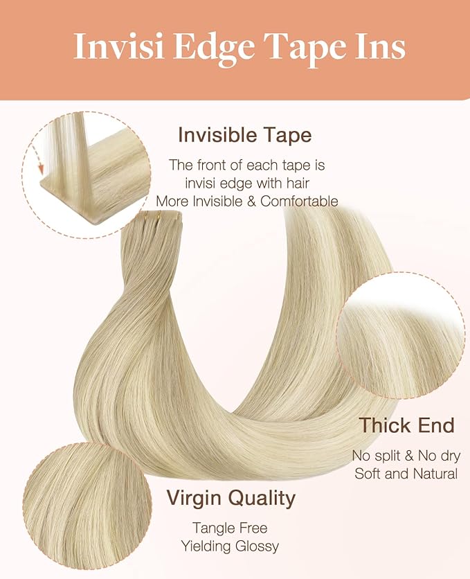 GOO GOO Invisi Edge Tape in Hair Extensions Human Hair, 18ET90A Natural Blonde Balayage10pcs injected with 10pcs classical tape ins, 20inch 50g, Virgin Remy Hair, Natural Look