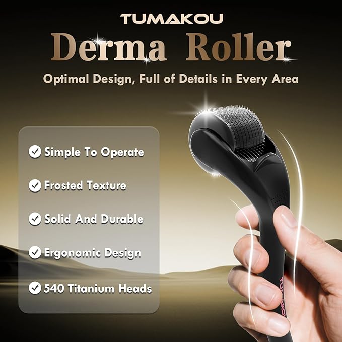 TUMAKOU Derma Roller - Microneedle Roller Skin Tool for Face Scalp Hair Beard - for Women and Men (Black)