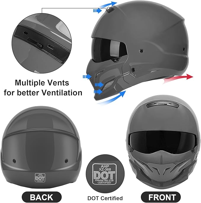 Full Face Motorcycle Helmet for Unisex-Adult Dirt Bike ATV Scooter Cruiser 3/4 Face Motocross Helmet Interchangeable Mouth Cover DOT Approved