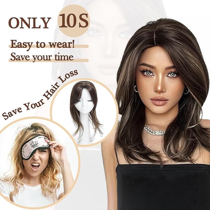 UDU Hair Toppers for Women: Synthetic Fiber, Ash Brown, Multi-layer, Long Straight Wavy, Clip in Wiglets with Fringe Bangs
