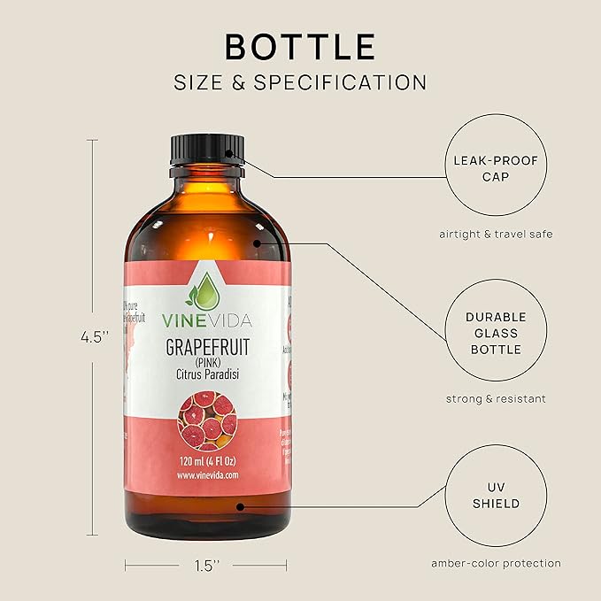 VINEVIDA Pink Grapefruit Essential Oil 4 oz - Undiluted, DIY Candle Scents, Bulk for Soap Making & Skin Safe