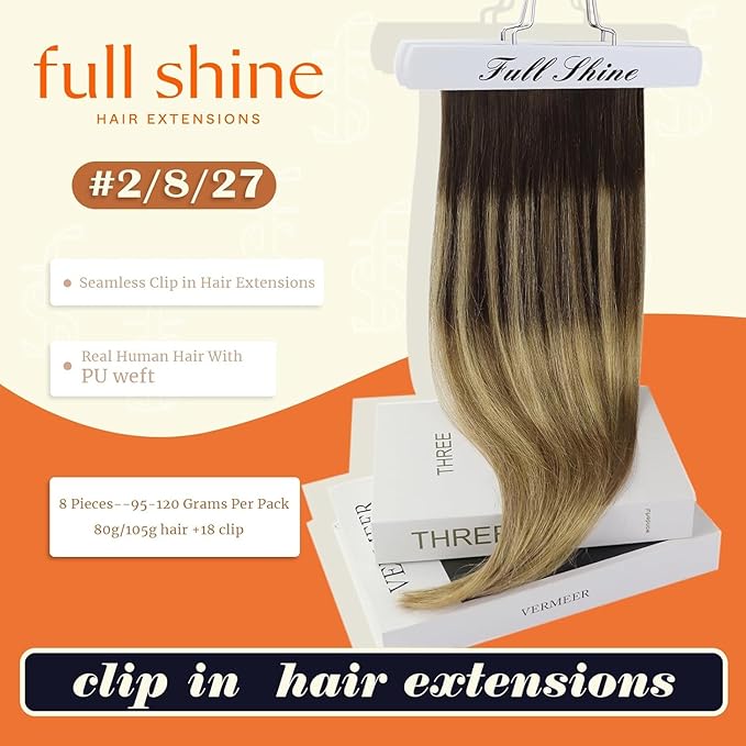 Full Shine Seamless Hair Extensions Clip in 20 Inch Clip in Extensions Ombre Dark Brown to Light Brown with Honey Blonde Thick Ends Human Hair Softness 8 PCS 120 G
