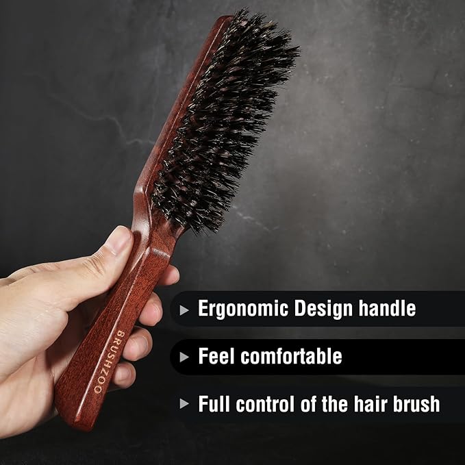 BRUSHZOO Hair Brush, Boar Bristle Hair Brush for Women Men Short Thin Fine Hair, Beech Handle Hairbrush for Hair Detangle Smooth